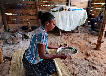 Une femme assise sur un tapis tissé à l’intérieur d’une structure en bois rustique en Ouganda, s’adonnant à une activité artisanale traditionnelle évoquant des émotions de découverte culturelle.