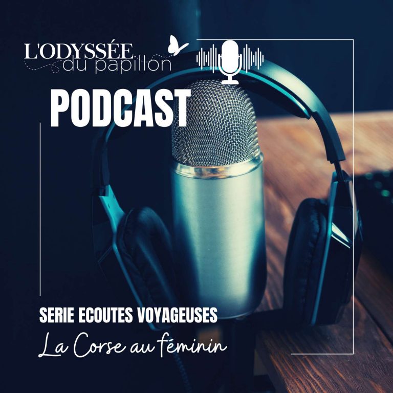 Affiche pour le lancement d'un podcast de l'agence Odyssée des Papillons sur un voyage en Corse dédié aux femmes