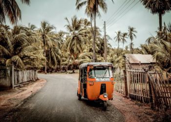Un tuk-tuk jaune au Sri Lanka, en plein milieu de la route entourée de paysages verdoyants, capturé lors d'une visite de la ville avec Odyssee des Papillons.